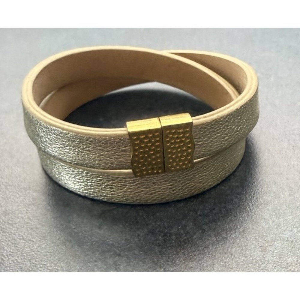 Rustic Cuff Meagen Leather Dimpled Gold Magnetic Double Wrap Bracelet